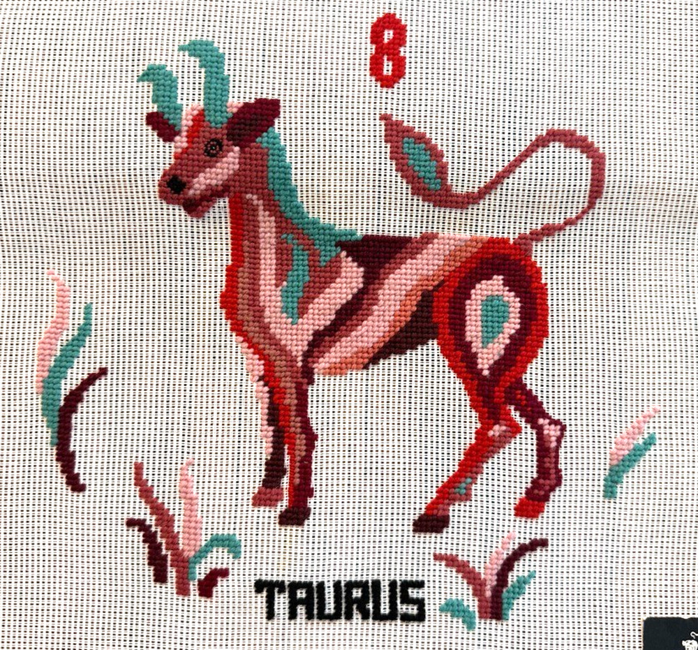 Vintage Dritz Preworked Needlepoint Canvas Taurus Zodiac Series Astrology Bull